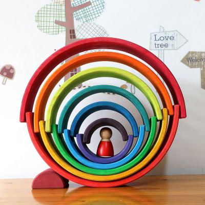 China Eco-Friendly Early Education Montessori Material Kids Learning Toy DIY Rainbow Stacker Colorful Wooden Brick Building Blocks for sale