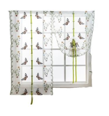 China Modern Ready Made Kitchen Butterfly Design Tie Up Roman Shade Voile Embroidery Kitchen Curtains for sale