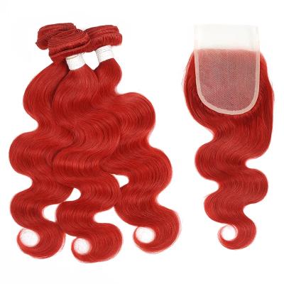 China Red Colored Body Wave Hair Bundles Brazilian Virgin Hair Bundles Weave 100% Cuticle Hair Extensions With 4x4 Lace Up Closure for sale