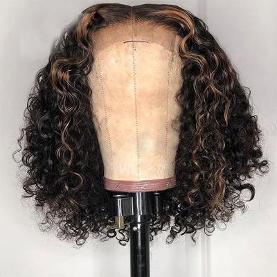 China Blonde Curly Highlight Brazilian Hair Short 27# Bob Wigs Human Hair Unprocessed Lace Front Wigs Pre Plucked With Baby Hair for sale