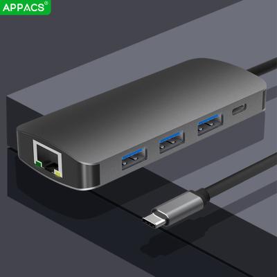 China Aluminum Computer APPACS 5in1 USB C Hub, USB*3+Ethernet+USB-C Port+USB-C Female Male Hub, 87W PD Hub for sale