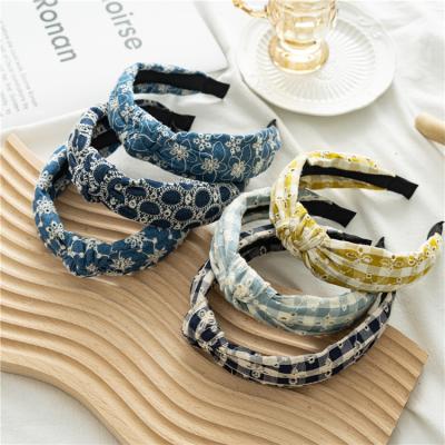 China New Attractive Hollow Denim Knotted Wide Bandeau Fashion Personality Side Bandeau for sale