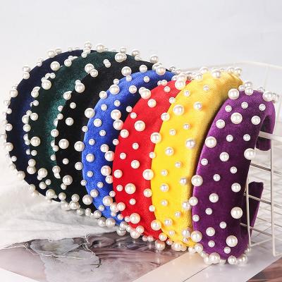 China Wholesale vintage fashion nail pearl headband gold velvet terry cloth headband thicken wide side headband for sale