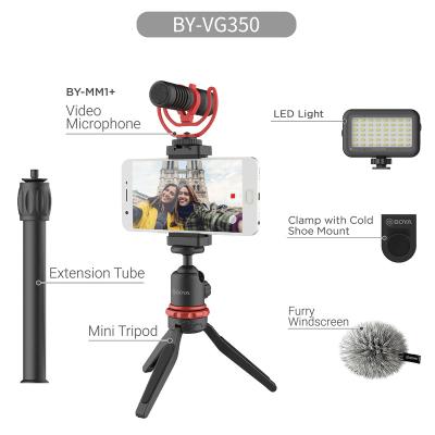 China BOYA BY-VG350 Smartphone Mini Microphone Visual Kit with Mini Tripod Extension Tube LED Light Condenser Microphone for Phone YouTube Vlogging for sale