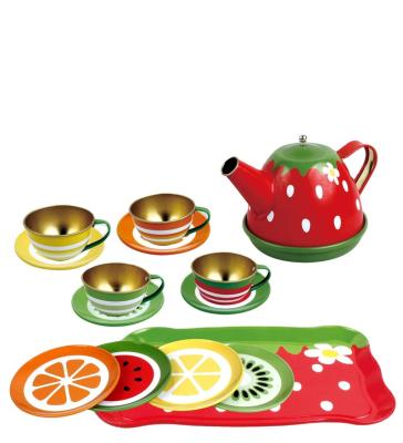 China Colorful Toy Preschool Toy 15pcs Role Play Kitchen Toy Stainless Stell Metal Teapot and Kitchen Playset Tin Tea Party Set Toys Afternoon Cups for sale