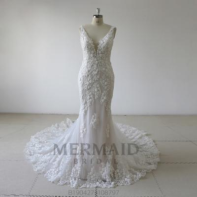 China New Anti-static Backless 3D Lace Mermaid Wedding Dress for sale