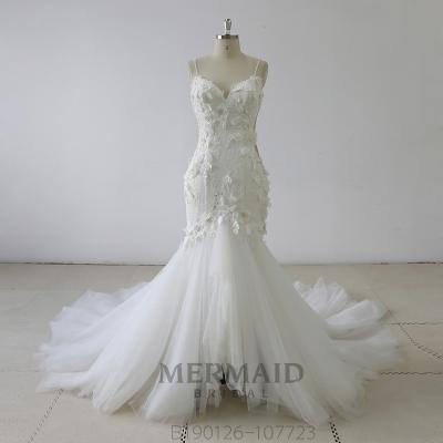 China New Anti-static Spaghetti Strap 3d Flower Mermaid Beaded Wedding Dress for sale