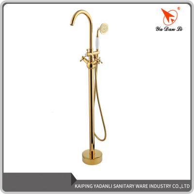 China Floor Stand Gold Solid Brass Royal Brass Bathroom Faucet Free Standing Mixer Tap for sale