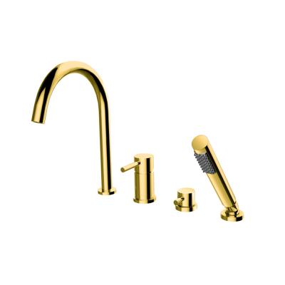 China Metered Faucets Plating Gold 4 Holes Solid Brass Faucet For Bathtub Deck Mounted for sale