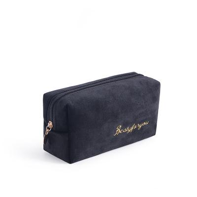 China Customized Chic Logo Suede Velvet Cosmetic Bags Professional Custom Embroidery Logo Black Makeup Bag Travel Cosmetic Case for sale