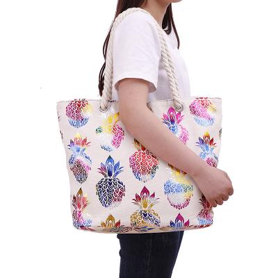 China Captical Wholesale Large Women Summer Beach Bag Canvas Glitter Pineapple Turtle Printed Handbag Custom Made Casual Shopping Bag for sale