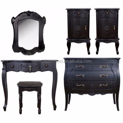 China Classic Luxury White Cream Black Rococo Style Makeup Vanity Table Vanity Set With Mirror for sale