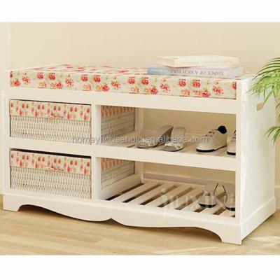 China Eco - Friendly Wooden Shoe Rack Upholstered Bench With Wicker Storage Unit Basket for sale