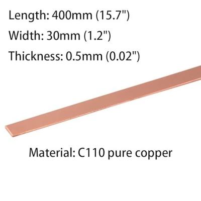 China C110 barra plana de cobre longa, 0,5 mm x 30 mm x 400 mm, adequada para ligar baterias de energia nova, etc. à venda