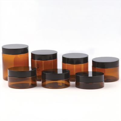 China 30ml 50ml 100ml 120ml 150ml 200ml Luxury Cosmetic Body Cream Butter Scrubs Amber Plastic Jars With Black Lids for sale