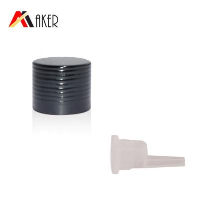 China Non Spill Wholesale 18mm Black Ribbed Aluminum Covered Screw Cap With Orifice Plastic Reducer For Essential Oil Cosmetic Glass Bottle for sale