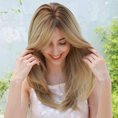 China Regular and Tuning Practical Products Wholesale Low Cost Models Long Hair with Bangs Synthetic Light Brown Lace Front Wig for sale