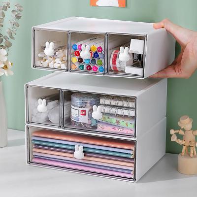 China Hot Selling New Office Stationery Storage Box Desktop Stackable Organizer Clear Plastic Drawer Storage for sale