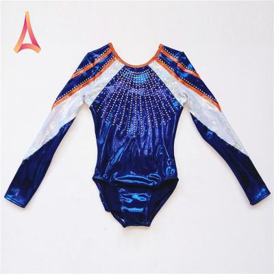 China Stretch 4-Way Rhinestone-Embellished Long Sleeve Royal Blue Deep Sleeve Girls Gymnastics Leotard Tights for sale