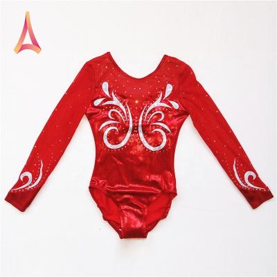 China Fancy Stretch 4-Way Long Sleeve Girls Red Dancer Tights Gymnastics Leotard for sale