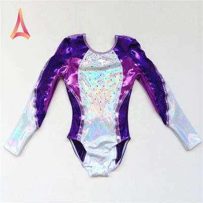 China 4-Way Stretch Color-block Silver Purple Shiny Girls Long Sleeve Gymnastics Leotard Tights for sale