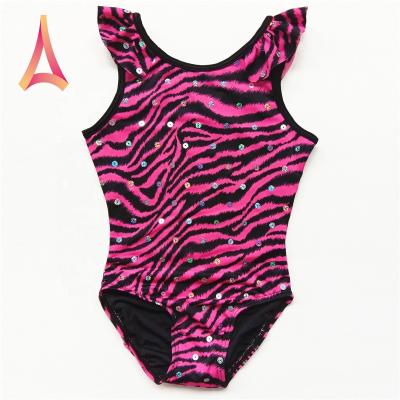 China 4-Way Stretch Ruffle Shoulder Sequin-Trimmed Pink Zebra Kids Leotard for sale