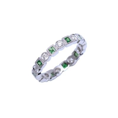 China Fashion Classic Life 18K White Gold Simple Tsavorite Diamond Stackable Eternity Milgrain Simple Band Ring For Ladies for sale