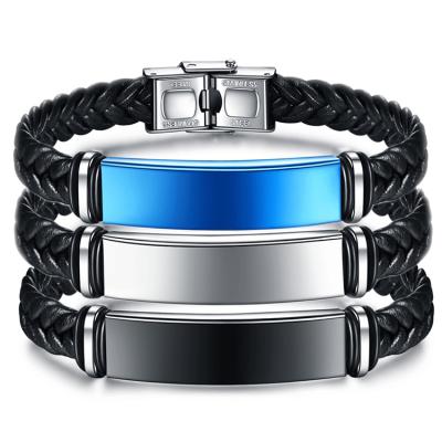 China Custom Logo Women Vintage Titanium Steel Minimalist Leather Bracelet Men Braided Bracelet Stainless Steel Inscription Jewelry C16C for sale