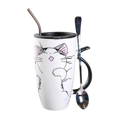 China Cute Viable Cat Breakfast Porcelain Coffee Tea Cup Ceramic Mug With Straw Spoon for sale