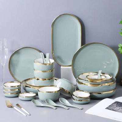 China Rim Hotel Gray Brown Porcelain Solid Color Luster Cheap Solid Color Cheap Gold Green Ceramic Dinnerware Sets Dish for sale