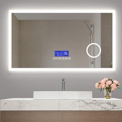 China Customized illuminated bathroom mirror touch screen/light/misting/time-temperature/frameless round LED bathroom mirror for sale