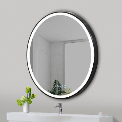 China Customized Modern Style Round Time Display Mirror LED Bathroom Backlit Anti-fog Device Illuminated Smart Mirror for sale