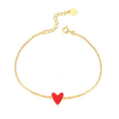 China Wholesale Cute Low Price 14K Gold Plated 925 Sterling Silver Love Heart Synthetic Coral Charm Bracelet Red for sale