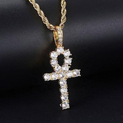 China Hot Sale Hiphop Style Egyptian Jewelry Gold Plated Iced Out Diamond Cross Pendant Necklace for sale