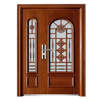 China Front Entry Steel Frame Glass Modern Front Entry Security Iron Grille Designs Exterior Security Door for sale