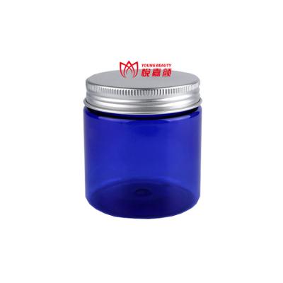 China BEAUTY PACKAGING Wide Mouth 250ml/10oz PET Transparent Blue Pet Bottles Food Grade With Aluminum Lids Pet Plastic Jar With Plastic Lid for sale