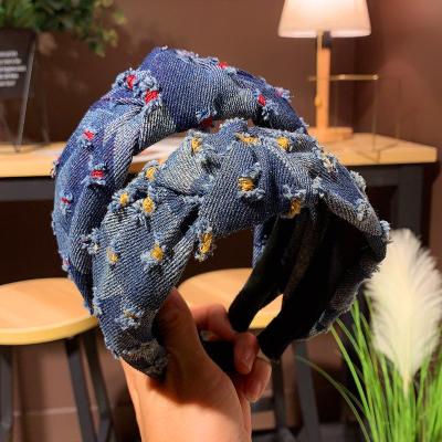 China HB716 New Perfect Korean Popular Design Denim Hairband Simple Finish Style Girls Cowboy Hair Band Knot Headband For Girls for sale