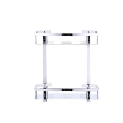 China Durable Concise Polished Style 304 Stainless Steel Bathroom Square Bracket For Bath Shower Double Tier Shelf With Hooks for sale