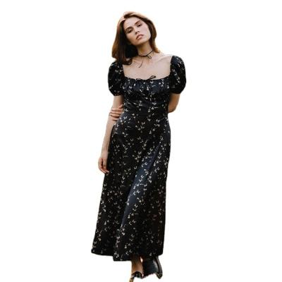 China Floral Square Maxi Dress For Women Breathable Collar Sexy Lace Up Side Split Mid Calf Casual Chic Outfits for sale