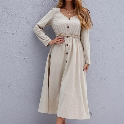 China Autumn New Arrival Anti-wrinkle Button V-Neck Dress Lady Long Sleeve Empire Waist A-Line Casual Women's Simple Long Women Dress for sale