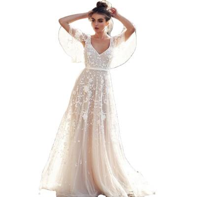 China Breathable Floral Lace A Line Short Sleeve Bridesmaid Bridal Maxi Wedding Dresses Ball Gown Wedding Party Party Prom Dresses for sale