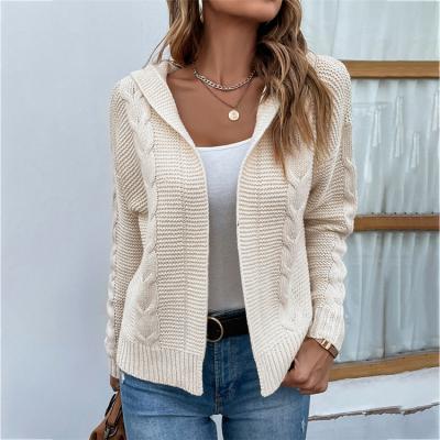 China Anti-Wrinkle 6 Colors Open Front Button Knit Sweater Women Casual Soild Hooded Cable Cardigan for sale