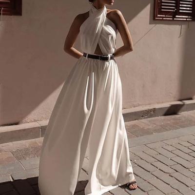 China Women's Sleeveless Regular Overalls Halter Neck Solid Color Prom Wide Leg Elegant Cross Backless Breathable Leg Overalls Fitted White for sale