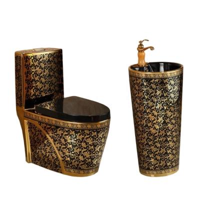 China Double-flow China Ceramic Floor Standing Sanitary Ware Gold Color Gold WC Black Gold Toilet With Pedestal Wash Basin for sale