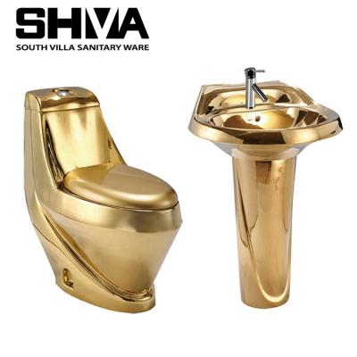 China Beautiful And Gold Color Luxury Outdoor Ceramic Sanitary Ware Toiletries Double-flush One Piece for sale