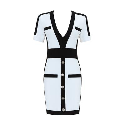 China Latest Breathable Women Casual Dress Designs Black And White Midi Fashion Bandage Dress for sale