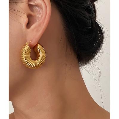 China 18K Gold Plated Hollow Screw Threads Stainless Steel Hoop Earrings 18K Gold Plated Multi Lines Screw Threads Stainless Steel Hoop Earrings Hollow Out Jewelry Circle Earrings Women Vintage Hip Hop Punks for sale