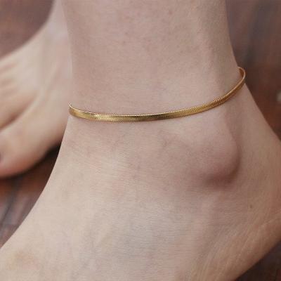 China Wide Flat Snake Chain Women 18K Gold Plated Waterproof Fishbone Anklet Wide Flat Snake Chain Anklets For Women 18K Gold Plated Steel Minimalist Jewelry anklet herringbone plain stainless for sale