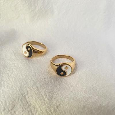 China Black Enamel Yin and Yang Rings Black Enamel Yin and Yang Rings Circle Geometric 18K Gold Plated Rings for Women Vintage Stainless Steel Minimalist Jewelry 2021 for sale