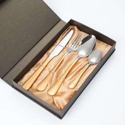 China Hotel Wedding Viable Gold 4pcs Cutlery Set With Box Stainless Steel Flatware Set Knife Fork Spoon And Tea Set for sale